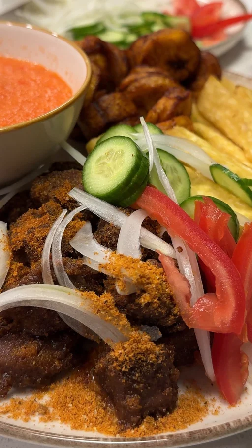 Beef Suya With Fried Yam And Plantain